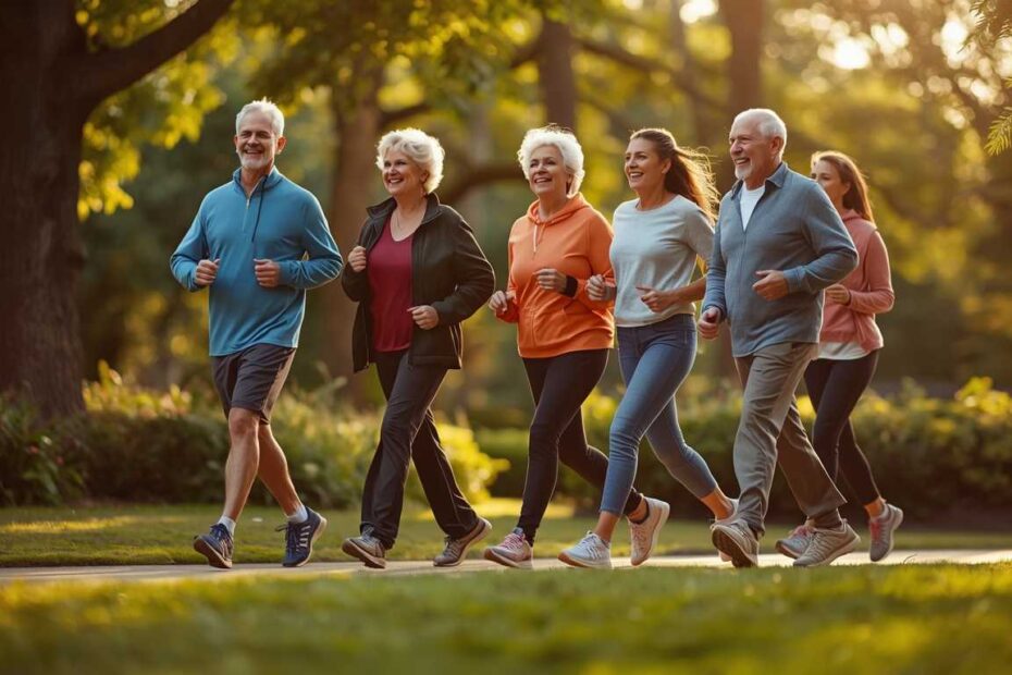 A diverse group of active seniors walking together in a sunny neighborhood park.