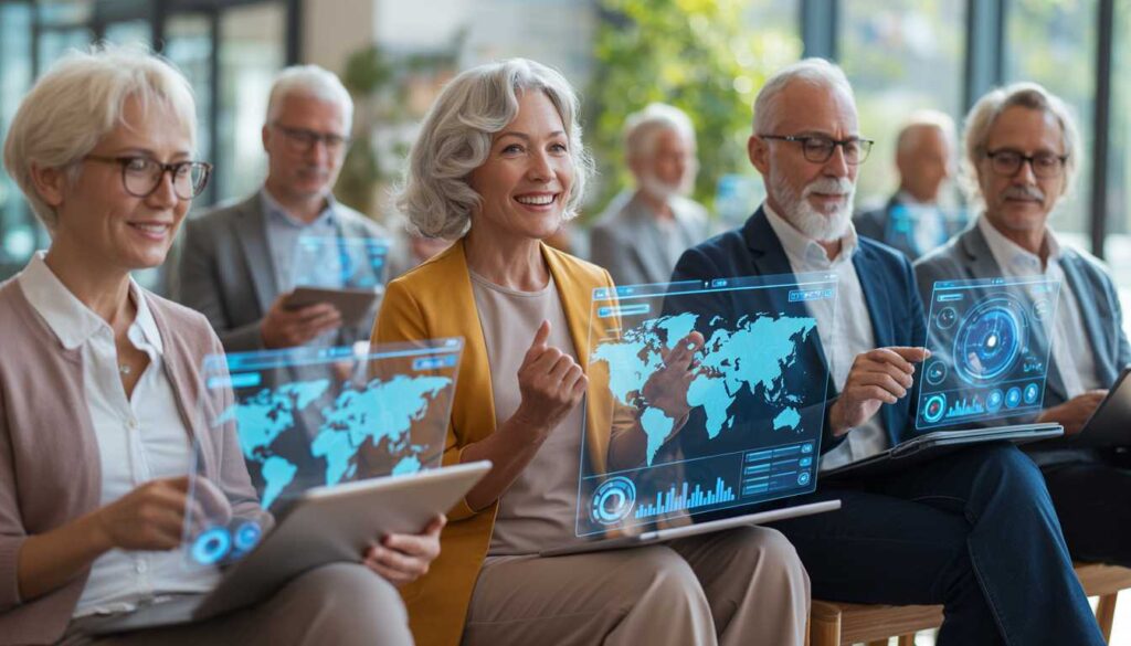 A group of tech-savvy seniors using AI holographic interfaces to manage online communities in 2026