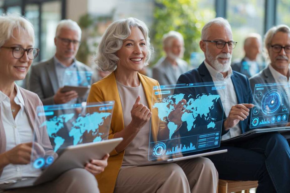 A group of tech-savvy seniors using AI holographic interfaces to manage online communities in 2026