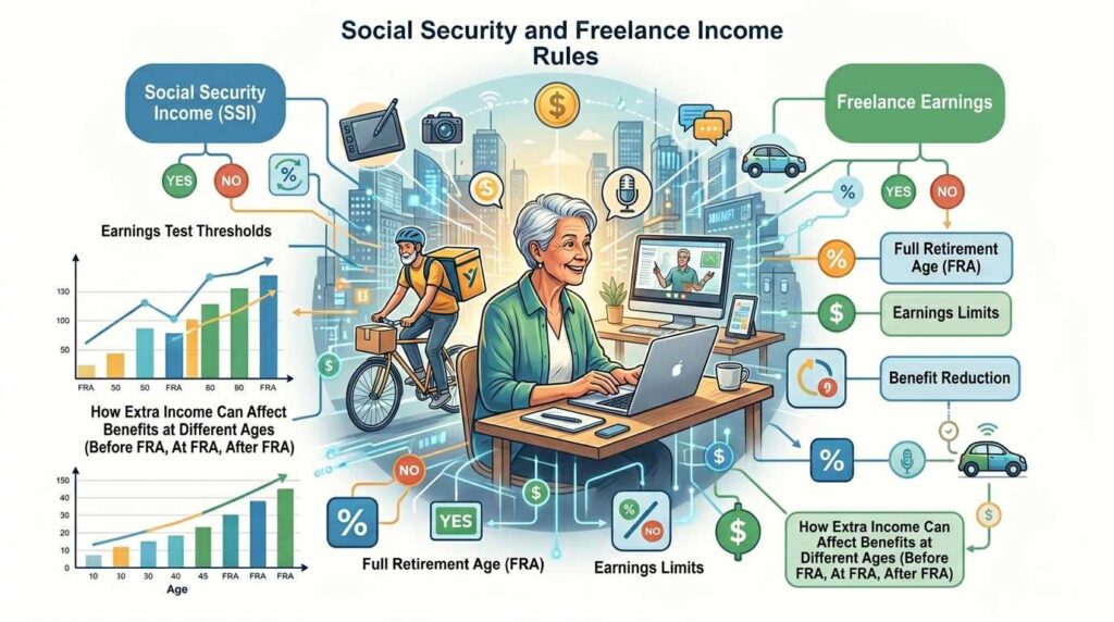 An infographic illustration explaining social security and freelance income for seniors limits, featuring a senior woman working on a laptop and a senior man on a delivery bike with data charts.