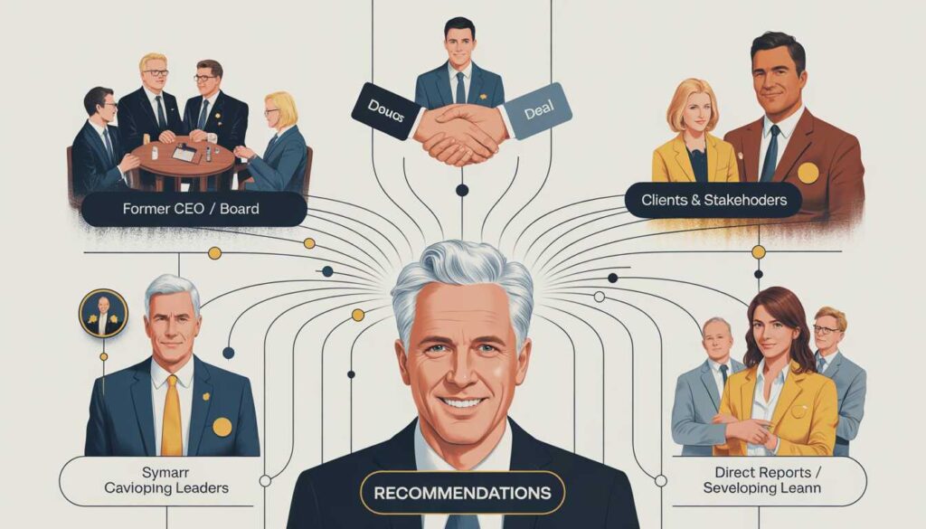 A professional network diagram illustrating the key sources for LinkedIn recommendations for seniors including former CEOs and clients.