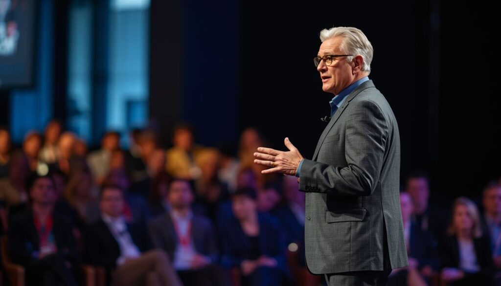 A professional delivering speaking engagements for seniors at a corporate conference stage.