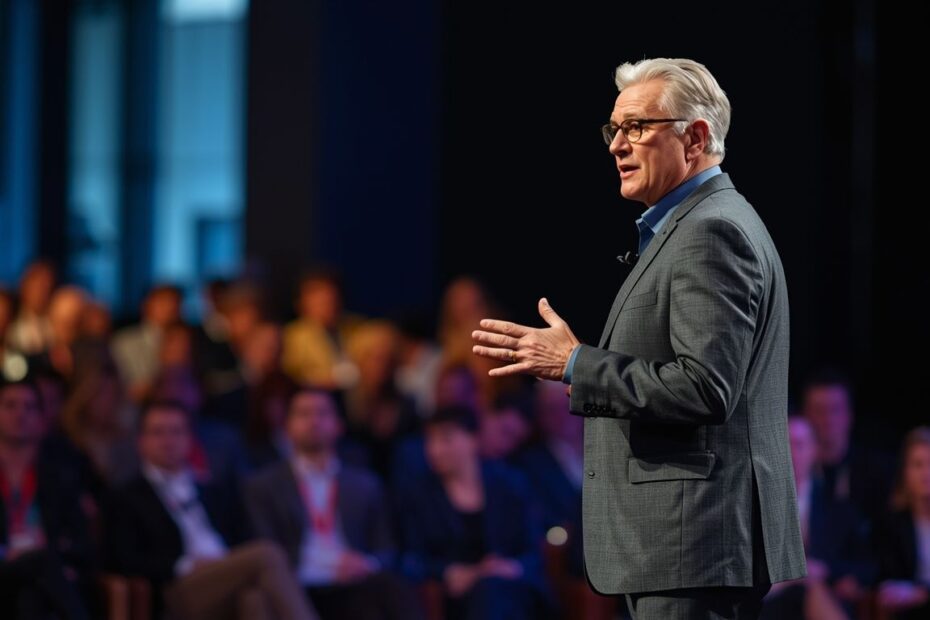 A professional senior speaker presenting at a corporate conference.