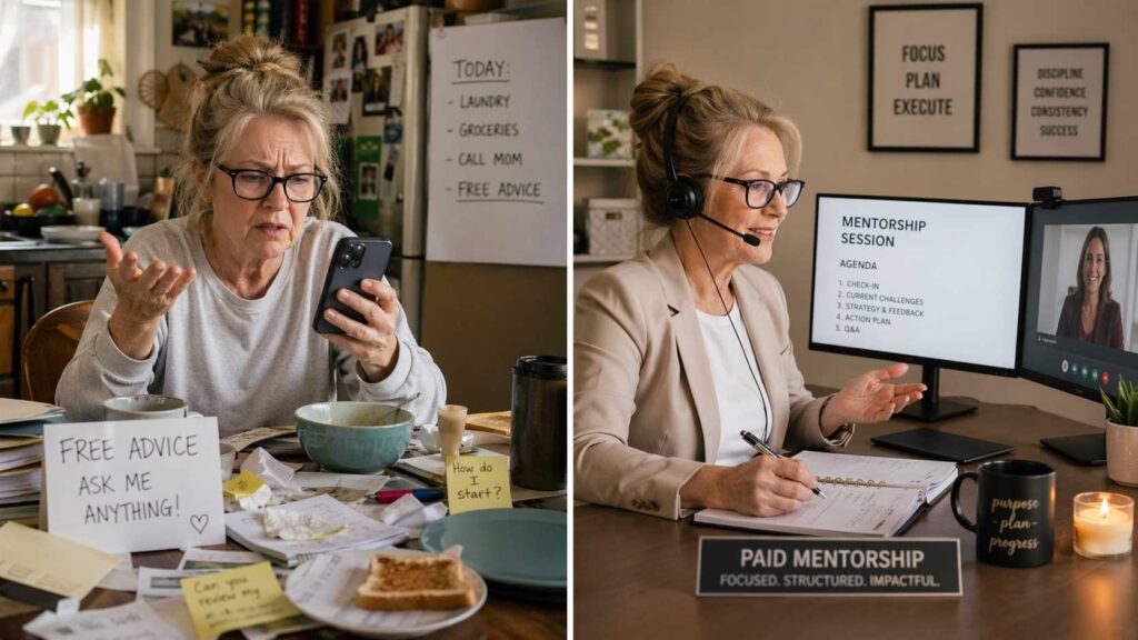 A side-by-side comparison of an informal unpaid call versus a structured session in mentorship programs for seniors.