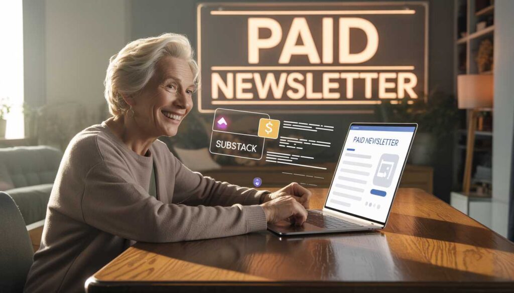 A senior professional's home office desk showing a Substack dashboard with rising income and a new subscriber notification.
