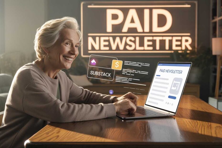 A senior professional's home office desk showing a Substack dashboard with rising income and a new subscriber notification.