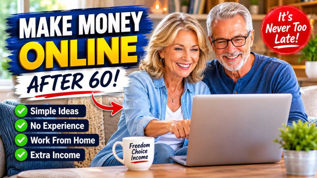 A happy senior couple using a laptop at home to earn extra retirement income.