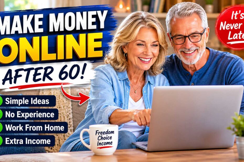 A happy senior couple using a laptop at home to earn extra retirement income.