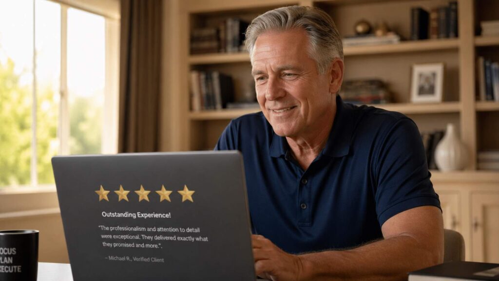 A professional senior consultant looking at positive client testimonials on his laptop in a modern office.