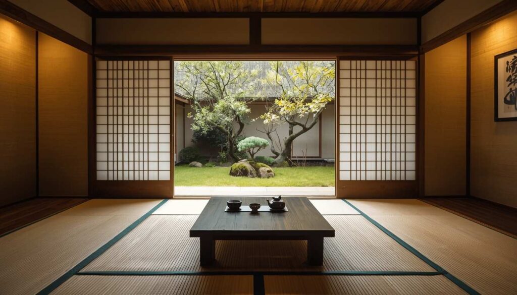 Interior of a luxury traditional Japanese ryokan room with tatami mats.