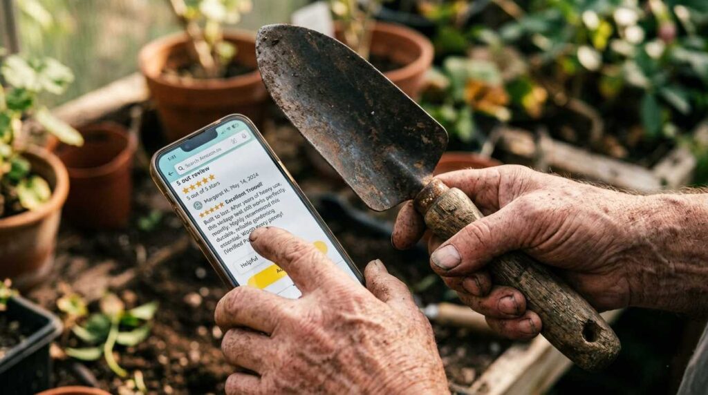 Experienced senior hands holding a gardening tool and pointing to a digital review, symbolizing trust in affiliate marketing.
