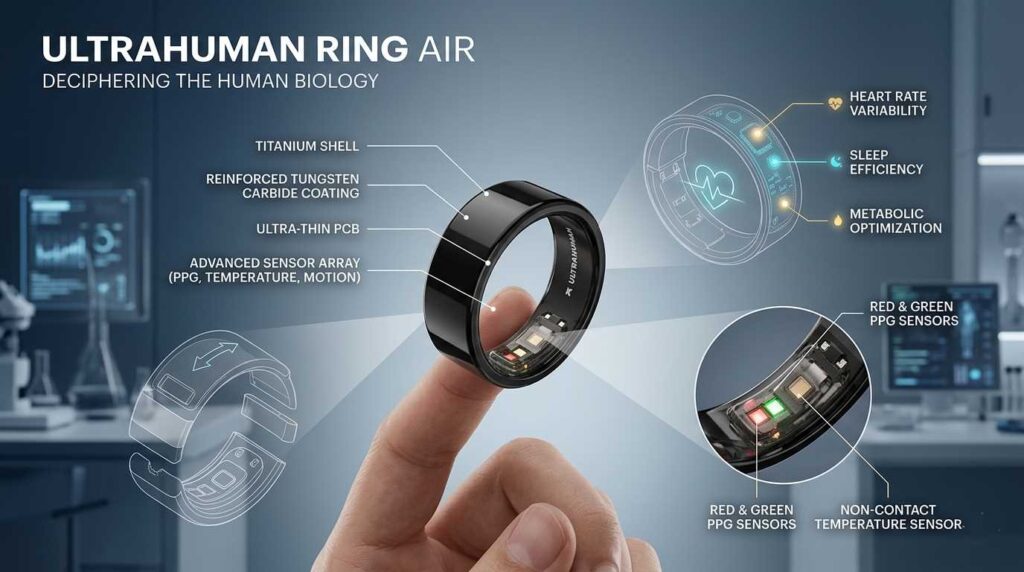 Infographic of Ultrahuman Ring AIR showing internal sensors, PPG sensors, and titanium shell for metabolic optimization and sleep efficiency.