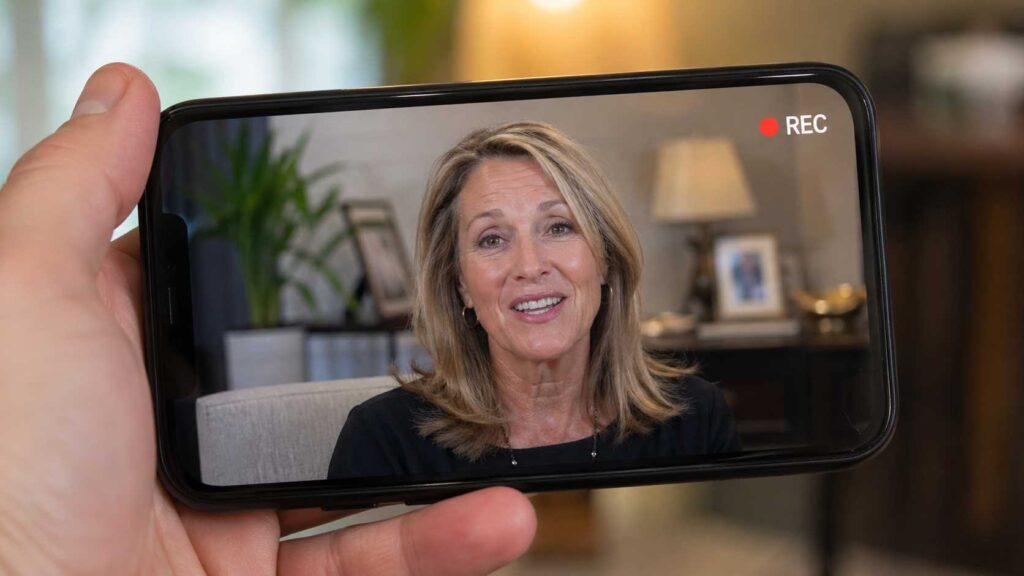 A person holding a smartphone and recording a video testimonial for a senior consultant.