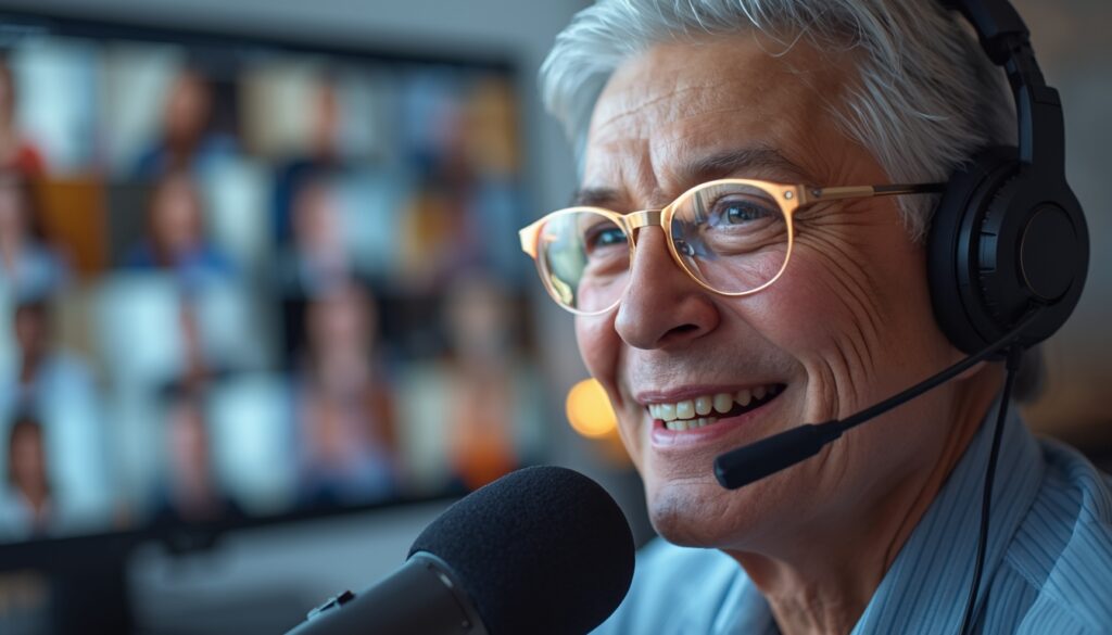 A senior professional delivering a paid virtual keynote from a home studio.