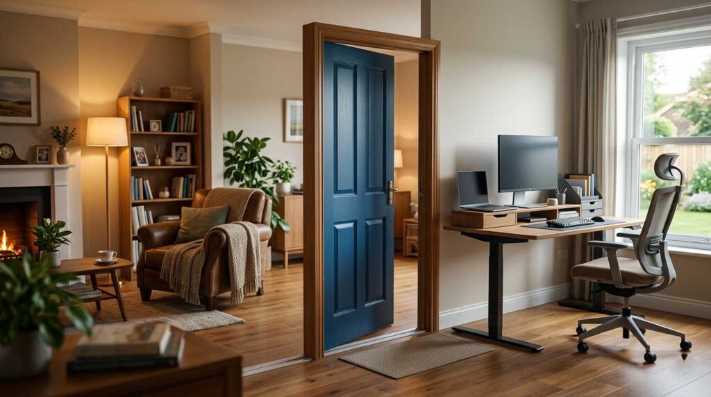 A dedicated home office workspace showing a blue door separating a cozy living room and a professional desk for a work from home schedule for seniors.