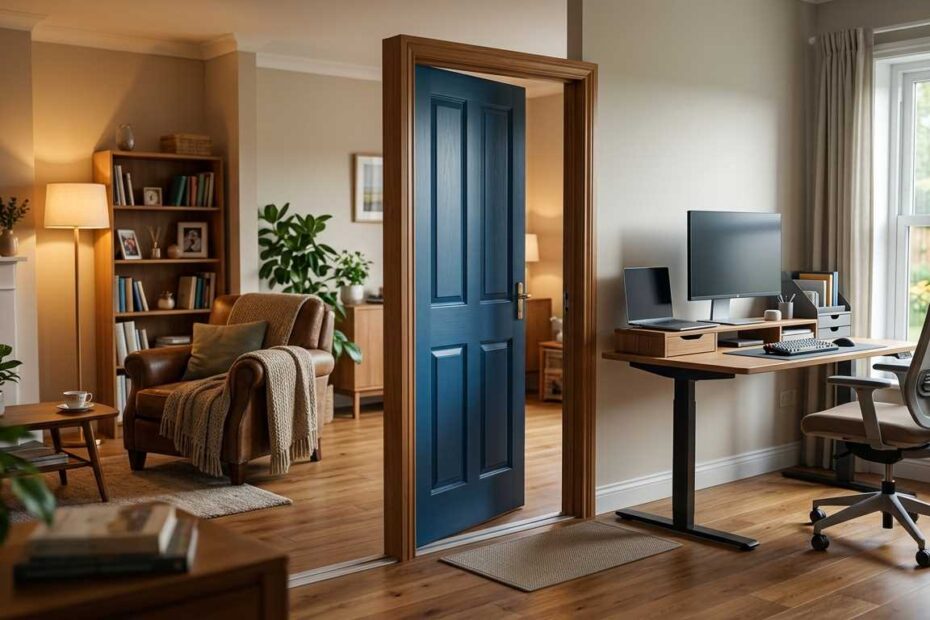 A dedicated home office workspace showing a blue door separating a cozy living room and a professional desk for a work from home schedule for seniors.