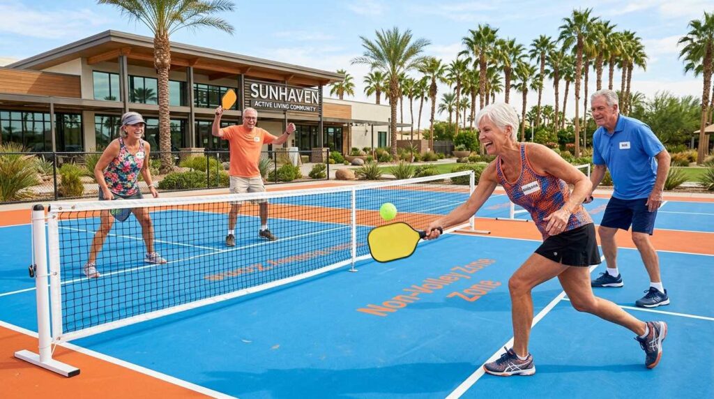 Active seniors playing pickleball on a modern court in a Sun City style community.