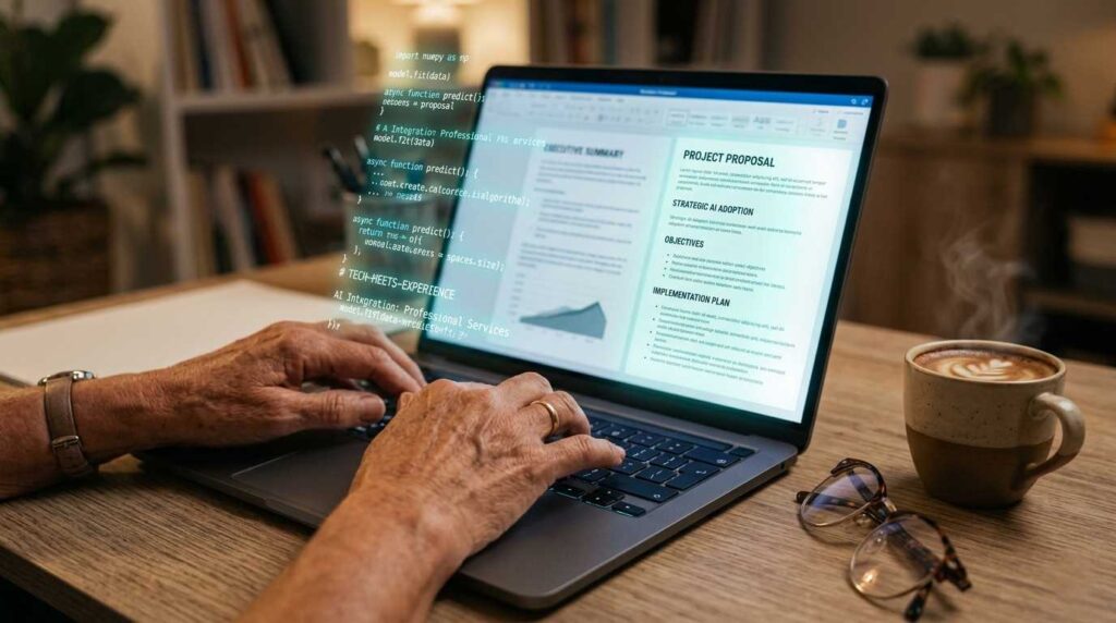 Experienced senior consultant using AI tools to create a professional consulting proposal template.
