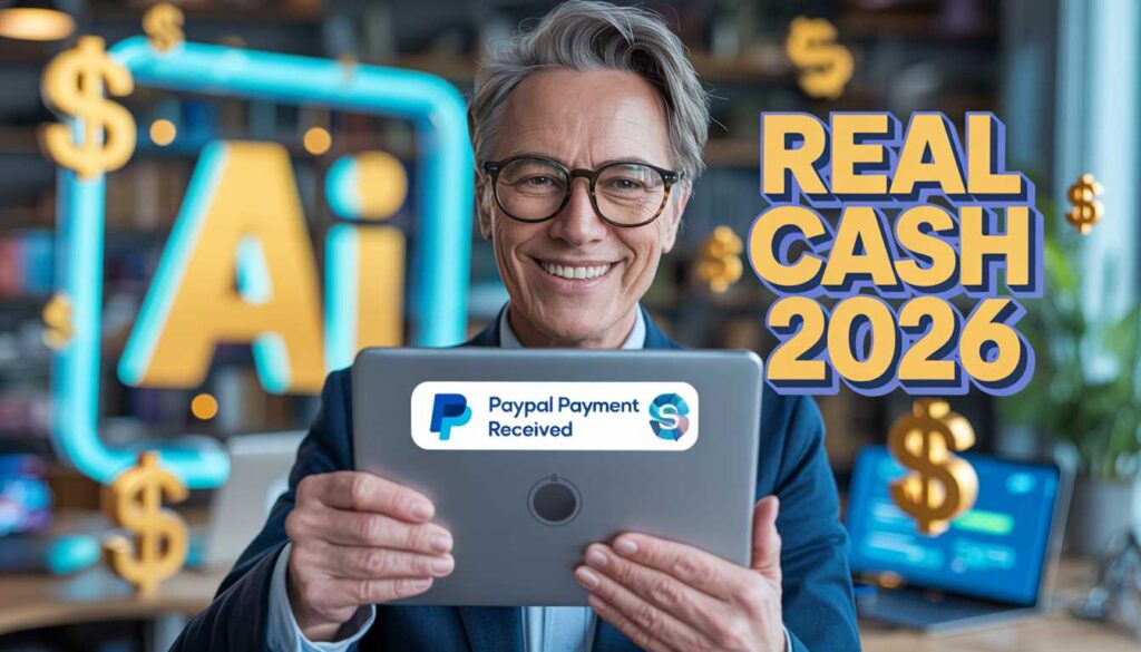 A successful senior professional using AI tools to earn money in 2026.