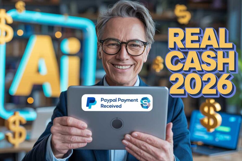 A successful senior professional using AI tools to earn money in 2026.