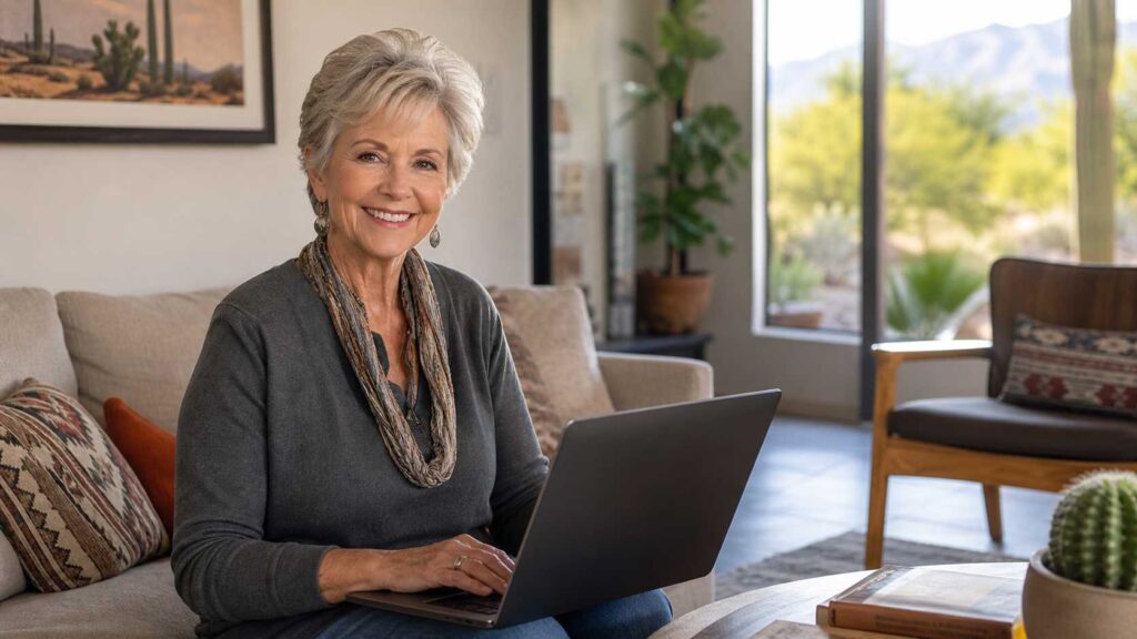 A 70-year-old woman smiling while using a laptop in a sunlit Tucson living room. for ai vs human writing seniors