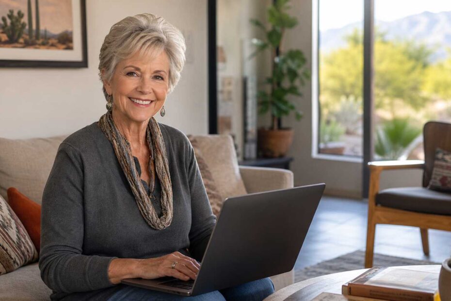 A 70-year-old woman smiling while using a laptop in a sunlit Tucson living room.