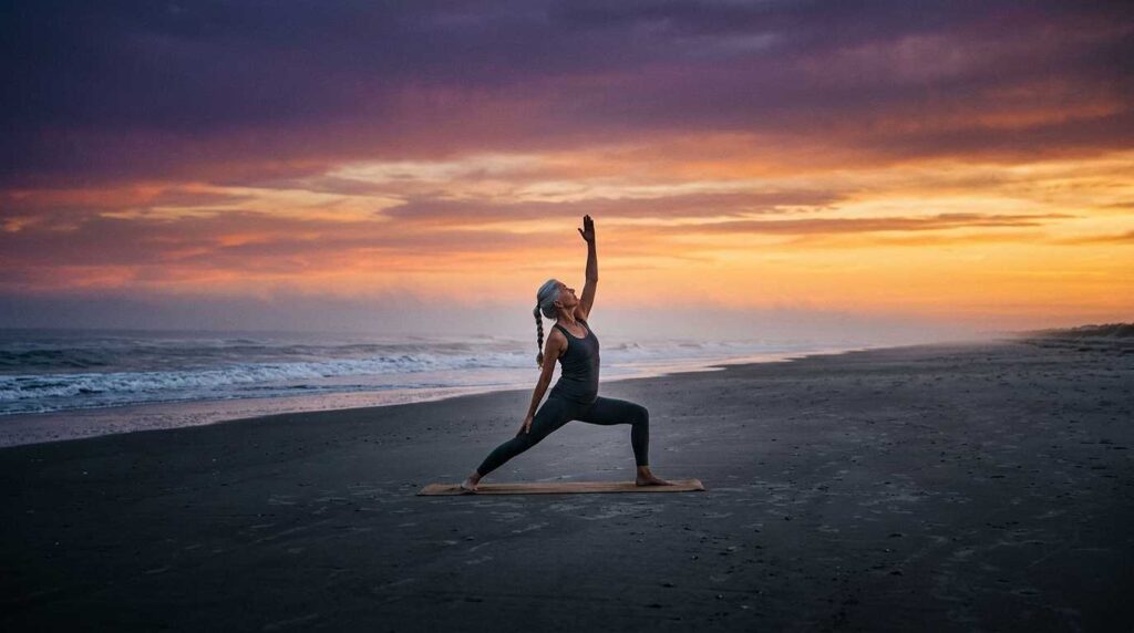 Senior woman practicing yoga on the quiet beaches of Amelia Island.