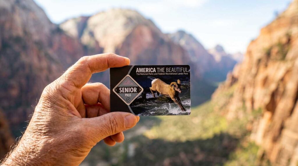 Hand holding an America the Beautiful Senior Pass with national park background.