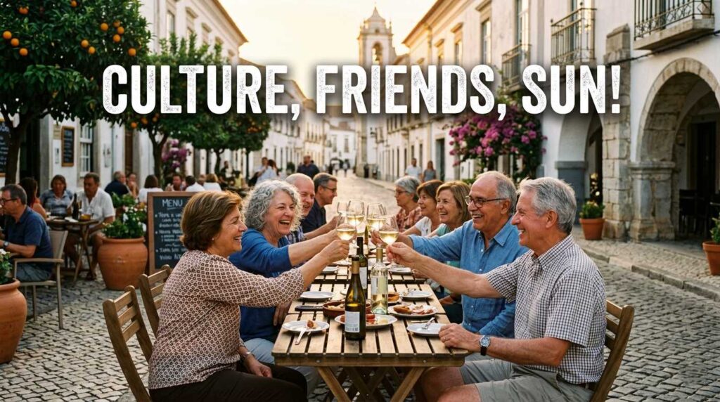 A joyful group of American expat seniors clinking wine glasses at an outdoor cafe in Tavira with the text "Culture, Friends, Sun!".