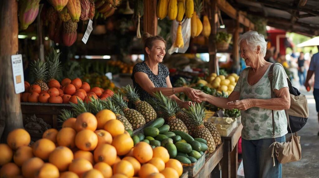 Expats shopping at the weekly local farmers market (Feria) in Atenas Costa Rica.