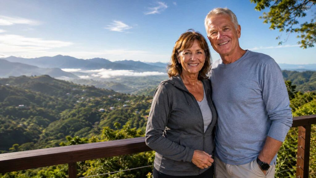 Complete guide to Atenas Costa Rica for American retirees featuring a senior couple enjoying the scenic mountain views.