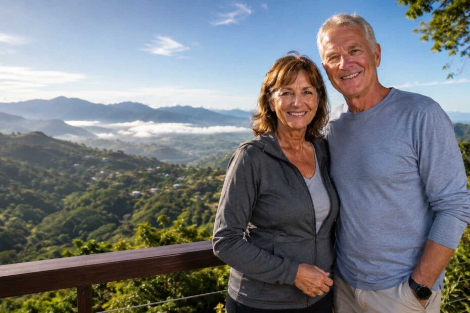 Complete guide to Atenas Costa Rica for American retirees featuring a senior couple enjoying the scenic mountain views.