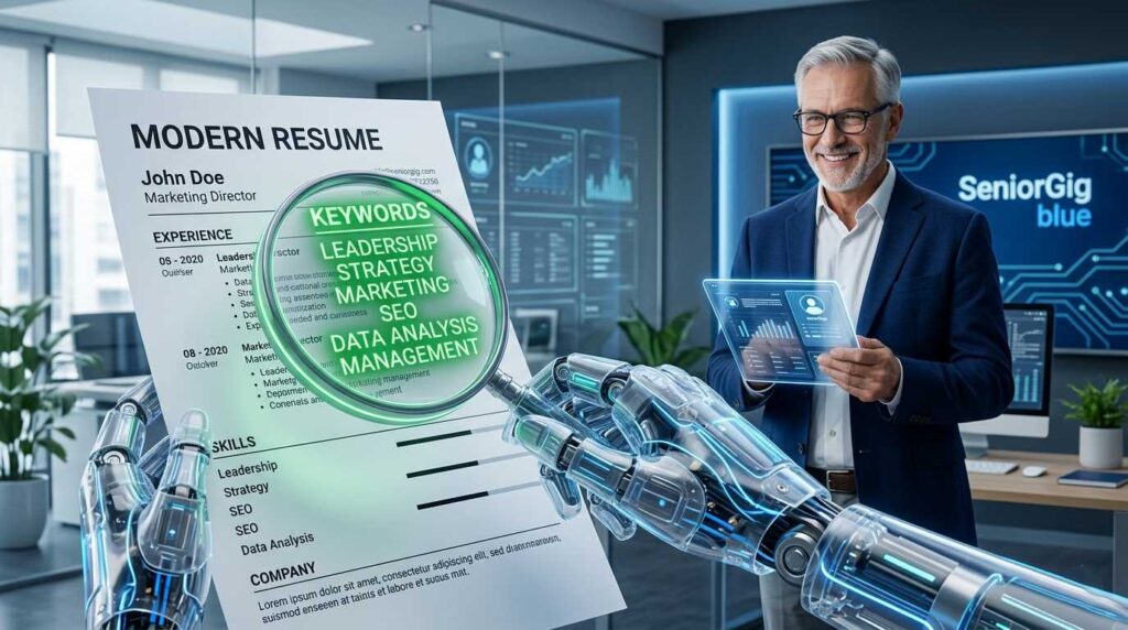 Digital AI robot scanning a resume with green checkmarks for keywords.