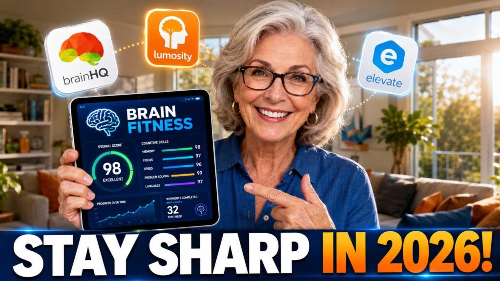 A happy, active senior woman over 55 holds a tablet with brain training app logos, symbolizing brain health in 2026.