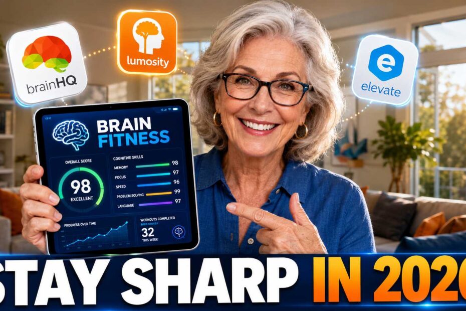 A happy, active senior woman over 55 holds a tablet with brain training app logos, symbolizing brain health in 2026.