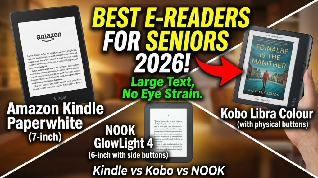 Comparison banner of the best e-readers for seniors in 2026 featuring Kindle Paperwhite, Kobo Libra Colour, and NOOK GlowLight 4.