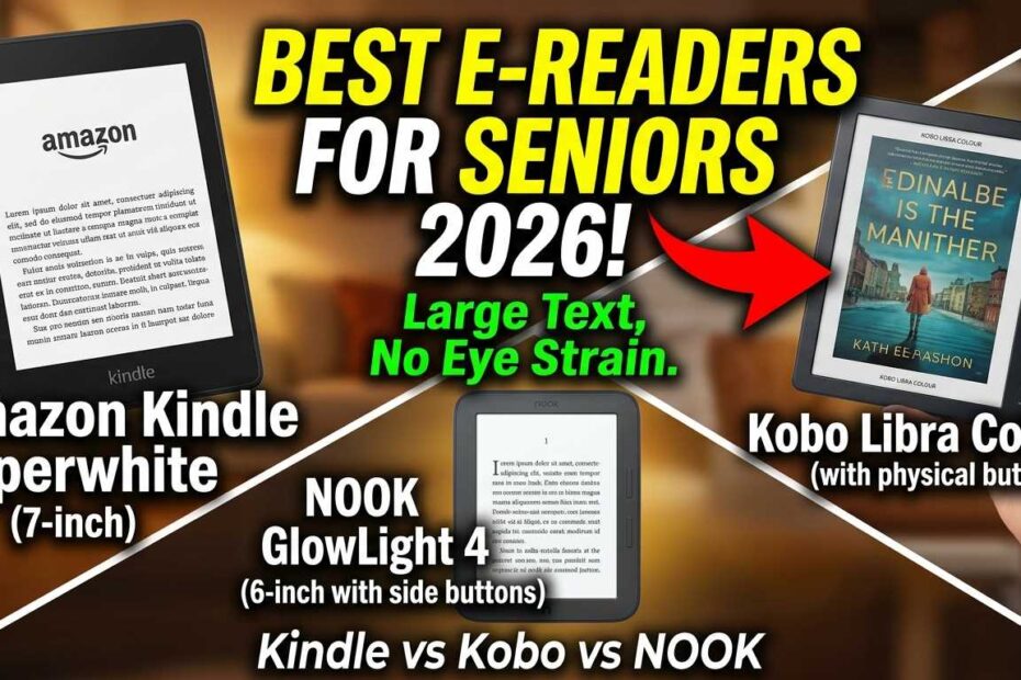 Comparison banner of the best e-readers for seniors in 2026 featuring Kindle Paperwhite, Kobo Libra Colour, and NOOK GlowLight 4.