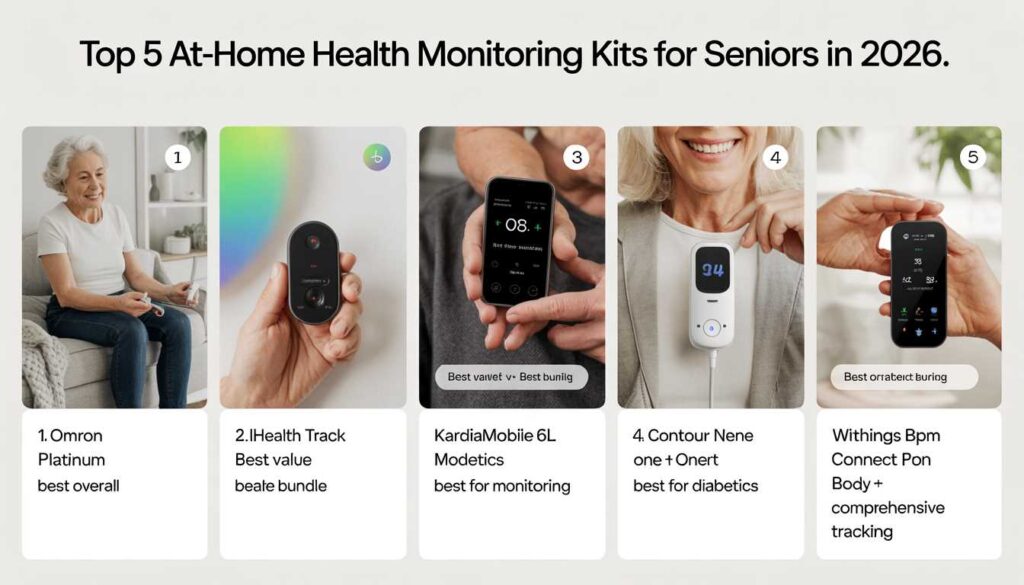 collage showing the top 5 home health monitoring kits for seniors in 2026, including blood pressure monitors, EKG devices, and glucose meters.