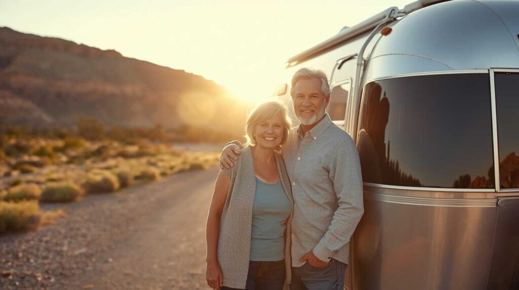 Active senior couple traveling freely across the US with reliable health insurance.