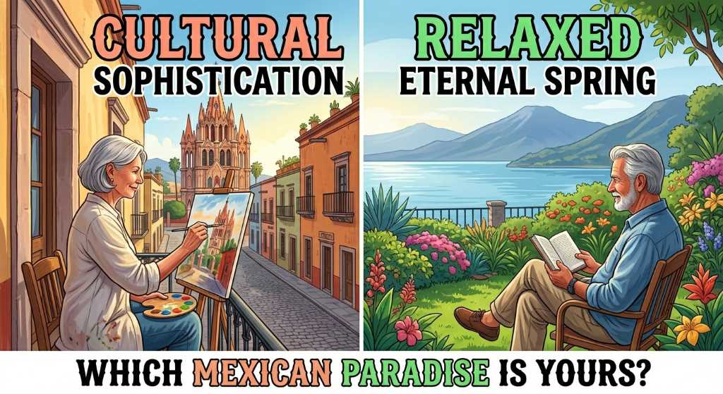A visual comparison of two popular Mexican retirement lifestyles: colonial culture vs. lakeside spring.