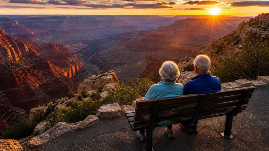 Senior couple watching sunset at Grand Canyon accessible viewpoint.
