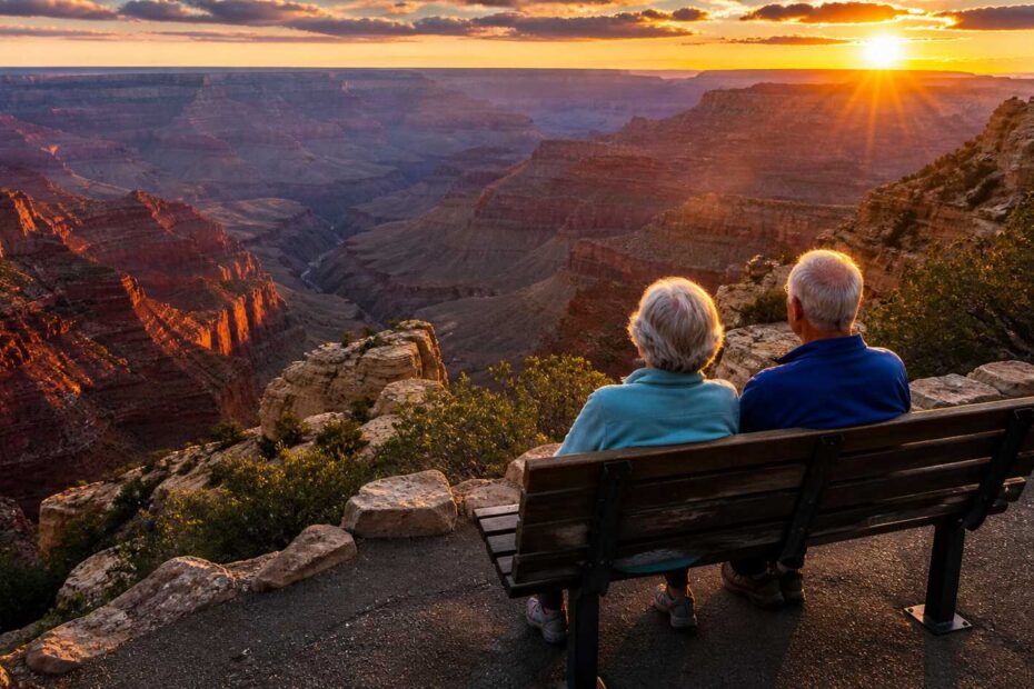Senior couple watching sunset at Grand Canyon accessible viewpoint.