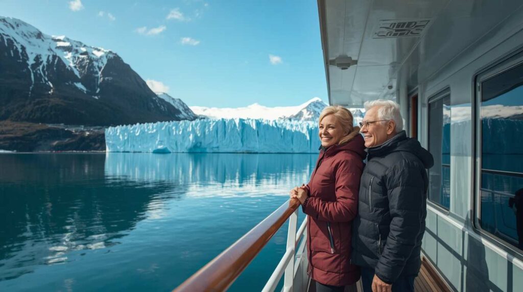 Seniors on a scenic cruise looking at glaciers in Alaska.