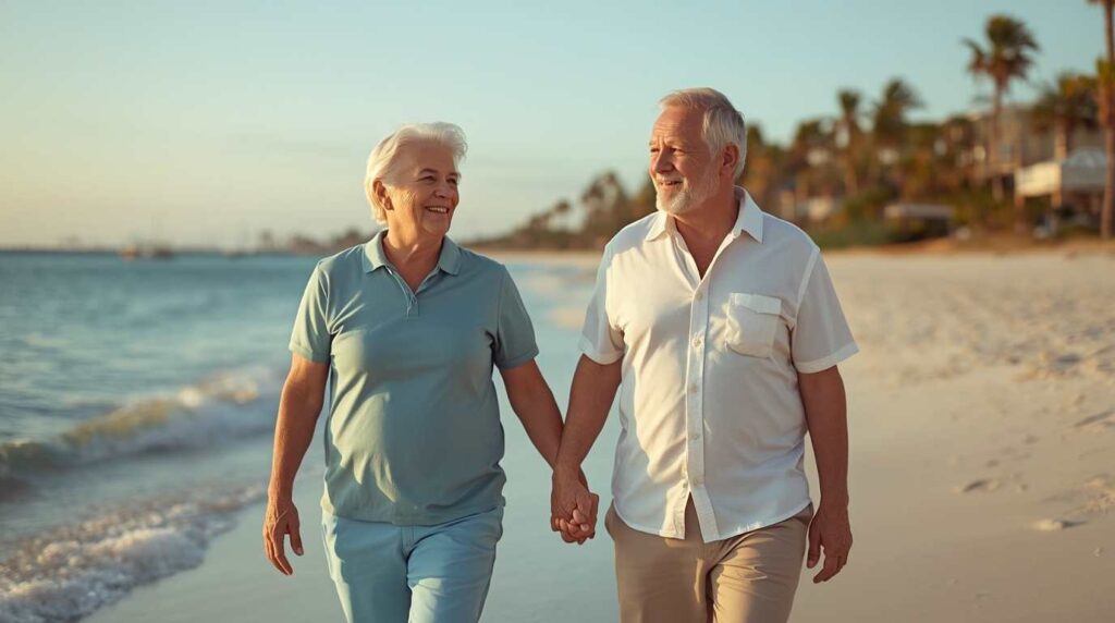 Happy seniors enjoying retirement in Florida with no income tax.