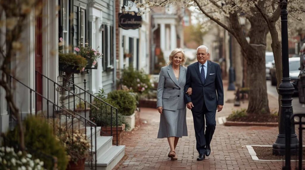 Older adults walking through a historic New England town in New Hampshire.