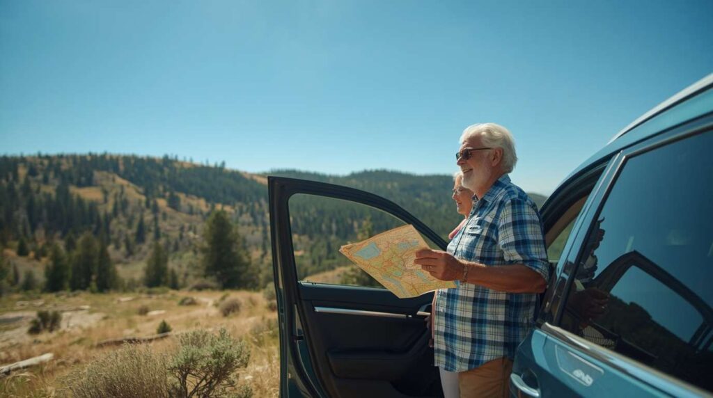 Senior couple taking a road trip through South Dakota Black Hills.