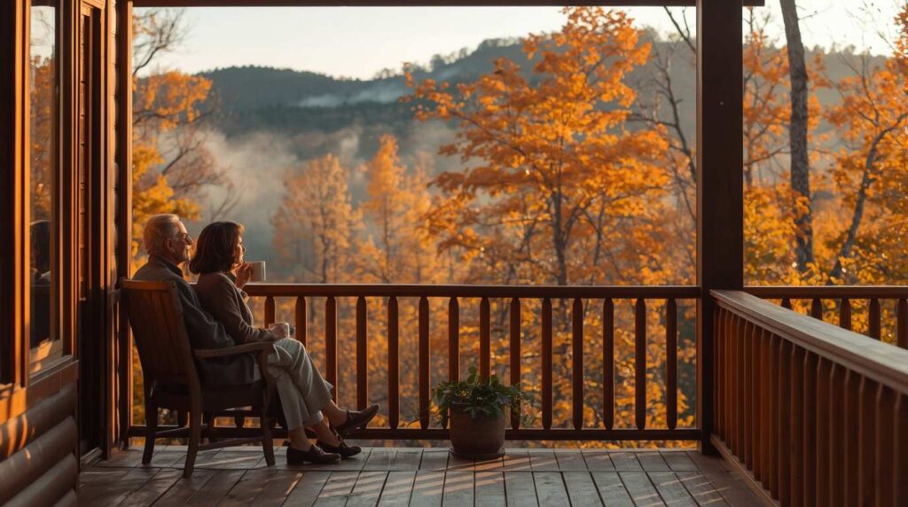 Retired couple sitting on a cabin porch in Tennessee Smoky Mountains.