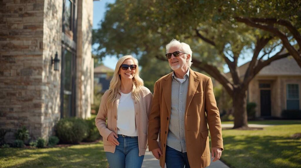 Seniors exploring a historic district in Austin Texas during retirement.