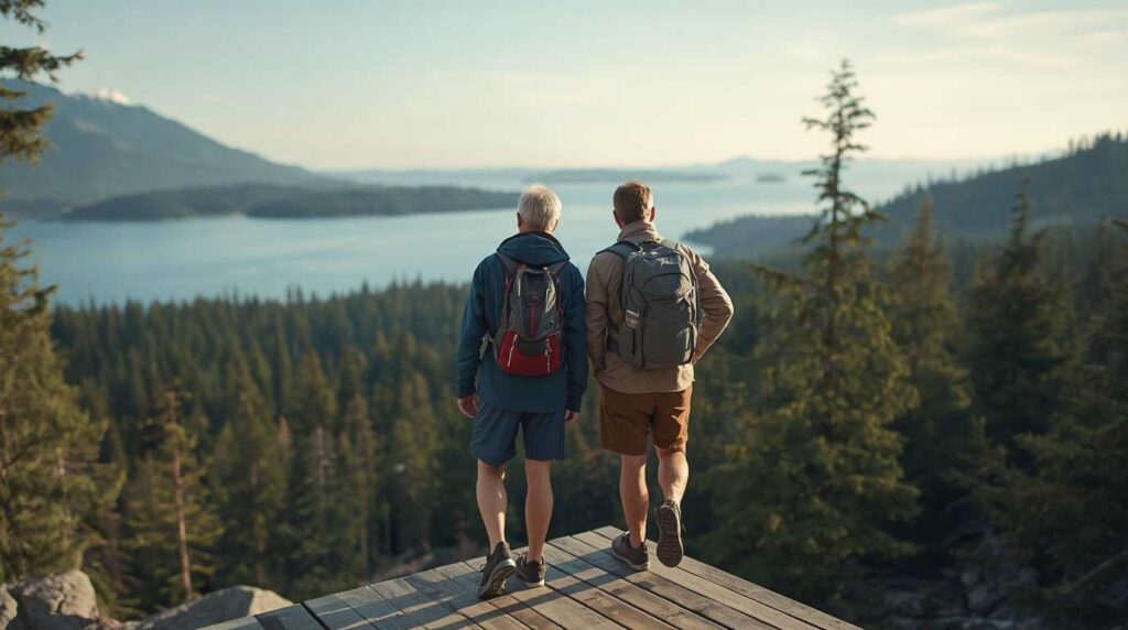 Retirees hiking in the Pacific Northwest evergreen forests of Washington state.