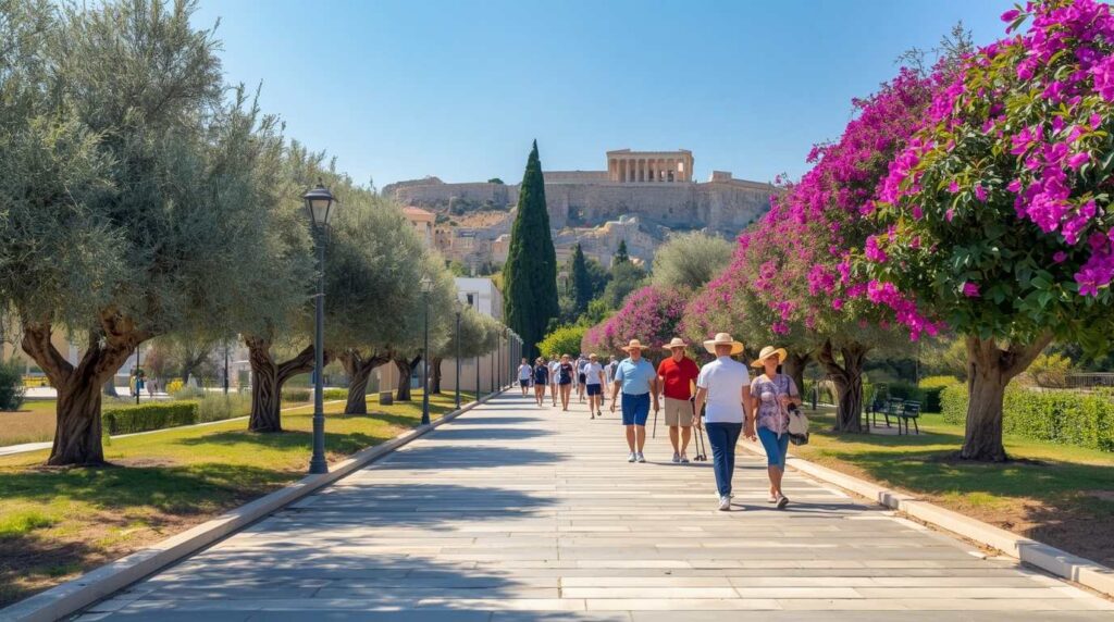 Senior travelers walking along the pedestrian path near the Acropolis in spring.
